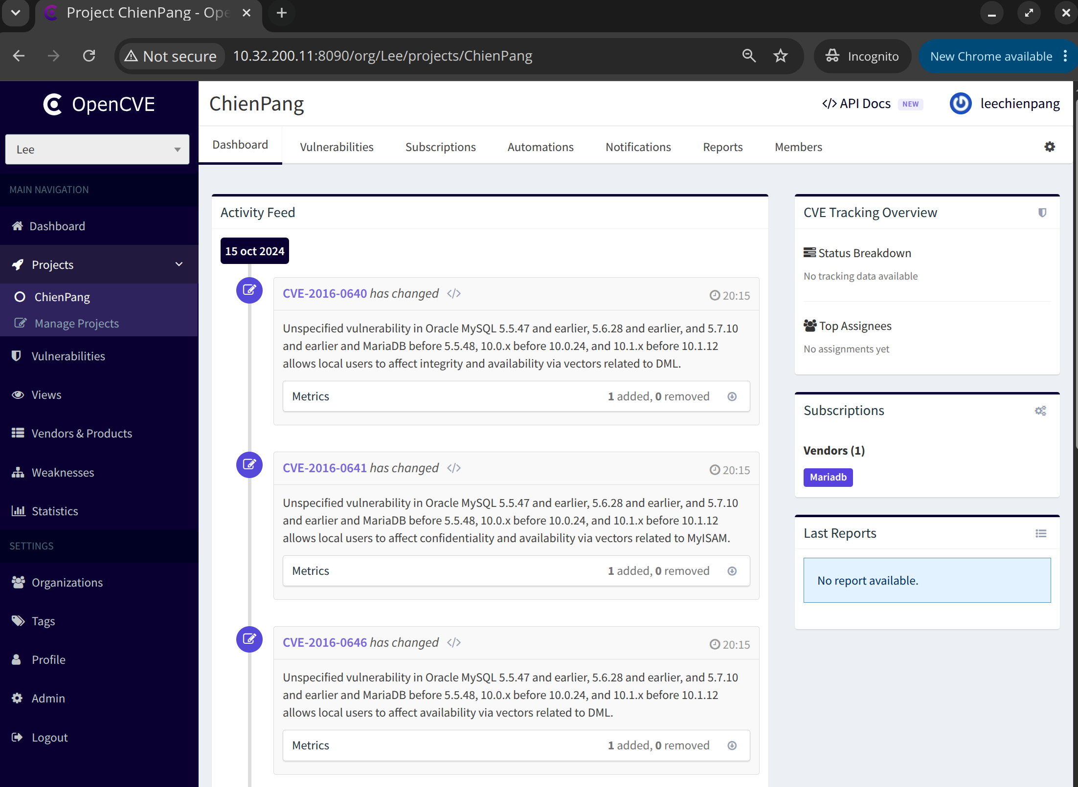 OpenCVE, logged in